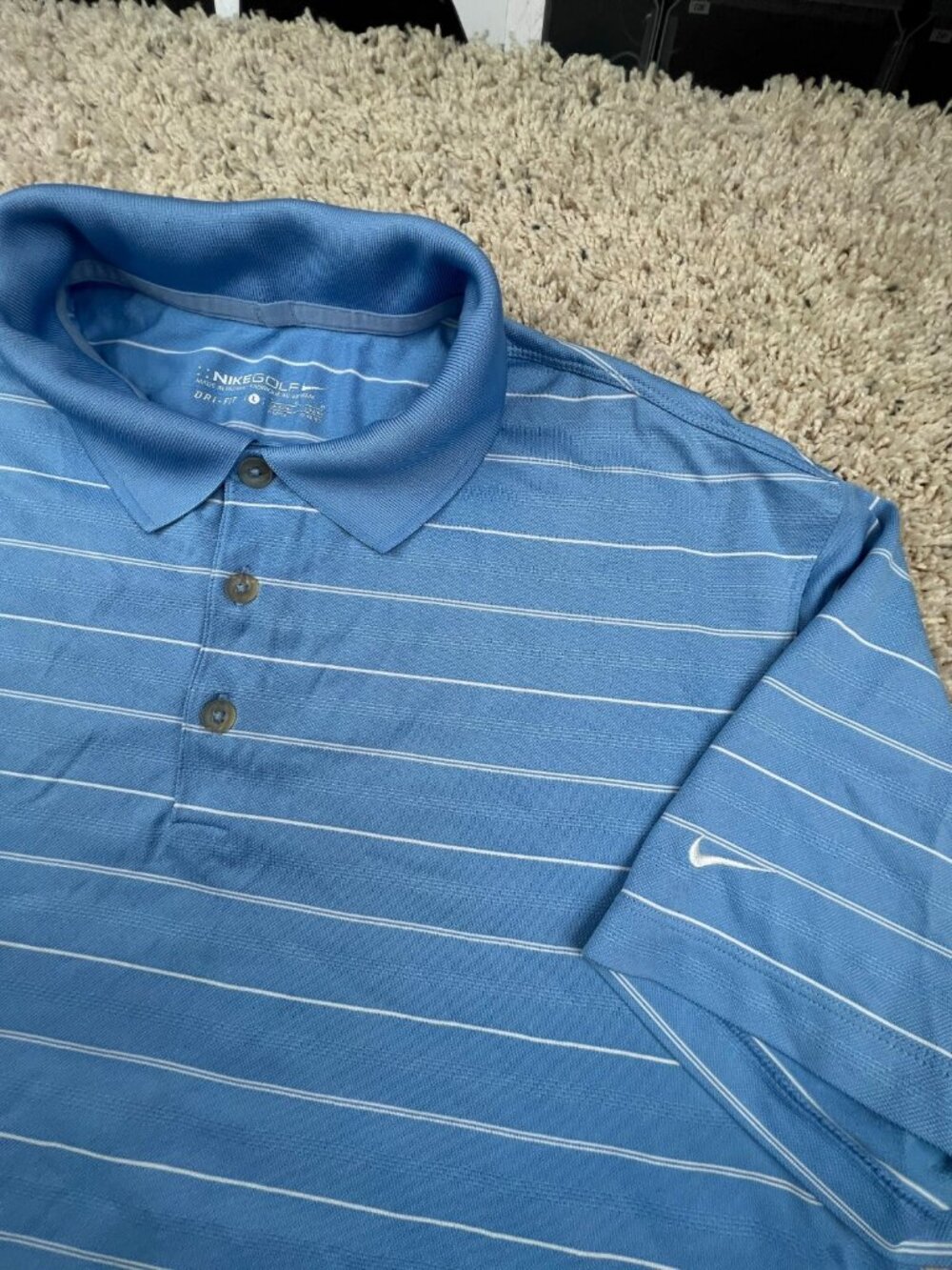 Nike Golf Polo Shirt Mens Large Blue Gray Striped Casual Athletic Stretch Wickin